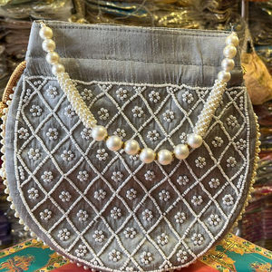 Indian Drawstring with <b>Beaded</b> Handle Hand Bag Hand Made <b>Mirror</b> Work Potli Embroidered Designer Purse Hippie Bag - Product Image 1