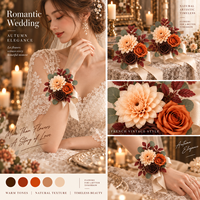 Corsage de poignet en terracotta pour l'automne, aspect mat séché, dahlia et rose artificielles, fleur de poignet de mariage vintage française faite à la main