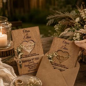 Invitations de mariage personnalisées en bois gravées au laser, faites à la main, cartes d'invitation personnalisables, enveloppes, décoration de fête de mariage - Product Image 1
