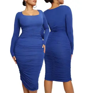 Bán buôn mùa hè-mùa xuân-mùa thu vuông-cổ dài tay áo Bodycon ăn mặc bền vững có thể giặt Bulit-in Shapewear làm Len nylon