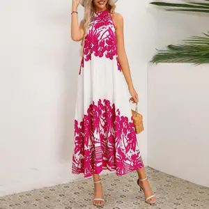 2024 Châu Âu và mỹ của phụ nữ quần áo đứng lên cổ áo không tay xếp li in váy Loose a-hem váy dài Pop Dress