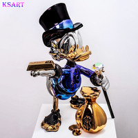 Sculpture en résine de fibre de verre colorée électroplaquée Donald Duck, sac d'argent dollar haut de gamme, modèle artistique peint à la main, personnalisable Ksart