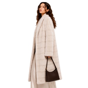 Manteau long de luxe en fausse fourrure de vison, coupe à panneaux horizontaux, revers blazer cranté, ceinture en fourrure assortie, faible MOQ, vente en gros - Product Image 2
