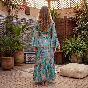 <b>Boho</b> Maxi <b>Dress</b> V-Neck Lantern Sleeve Tropical Print Silk Loose Fit <b>Summer</b> Wrap <b>Dress</b> Women Casual Wear - Product Image 2