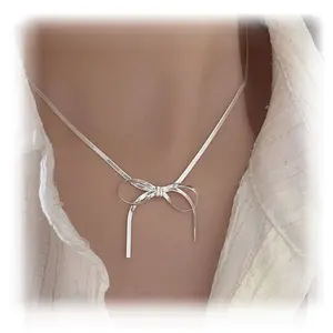 Carline Minimalist Silver Plated Bow Elegant Necklace Fashion 925 Sterling Silver Bracelet Earrings Fine Jewelry Gift For Women