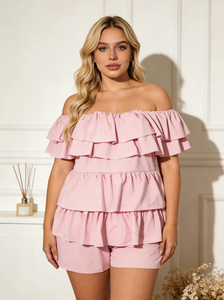 Mono corto de punto de secado rápido para mujer, talla grande, blanco liso, con hombros descubiertos y volantes escalonados, estilo casual de verano, ajuste regular - Product Image 6