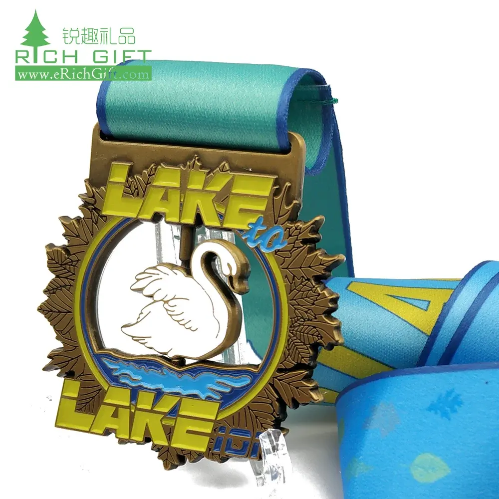 Werbemittel 3D Farbe individuelle Medaille Metall Zinklegierung Plattierung Bronze hohl weiches Emaille elegantes Lake Swan Spin Medaillon