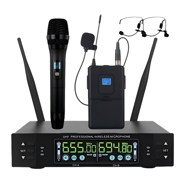 Professional 2 Channel Metal Handheld Waist Bag with Head Mounted UHF Wireless Dynamic Microphone Featuring Noise Cancelling