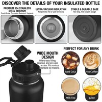 Bouteille d'eau modulaire 3-en-1 de 32 oz, gourde isotherme en acier inoxydable avec bec verseur à ouverture large, logo personnalisé