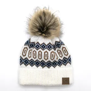 Custom Jacquard Knit Faux Fur Pompom Beanie Winter Hat with Fleece Lining for Women