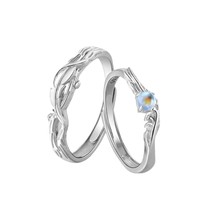 Bague de couple réglable en argent sterling S925 plaqué, motif eucalyptus bleu, oiseau et plume, pierre de lune, pour homme et femme, cadeau pour amoureux