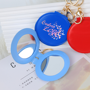 Yuvarlak cep aynası Pu deri özel Logo taşınabilir seyahat aynaları kozmetik küçük ayna anahtarlık ile - Product Image 2