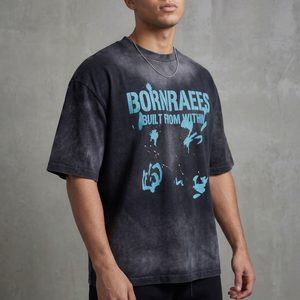 T-shirt oversize délavé à l'acide pour homme, imprimé graphique vintage, coton épais, streetwear, épaules tombantes, décontracté - Product Image 1