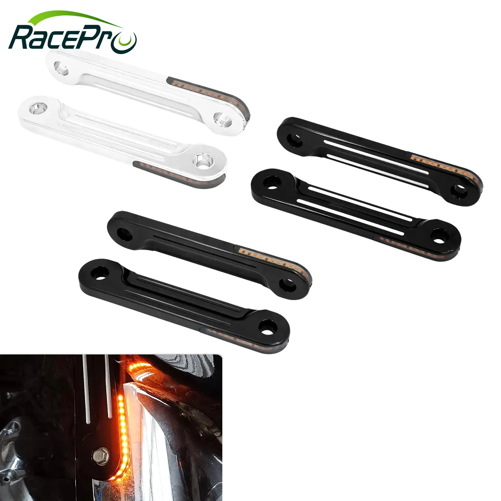 RACEPRO moto avant amortisseur LED affleurant fourche clignotant pour Harley Touring Road King Glide 1998-2023