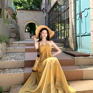 เดรสสายเดี่ยวผูกคอสำหรับผู้หญิง ชุดคลุมชายหาดฤดูร้อน ยาว สง่างาม สวมใส่สบายๆ สำหรับวันหยุด ระบายอากาศได้ดี เอวเข้ารูป - Product Image 1