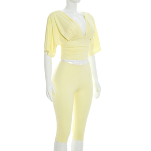Viviblook J26ST224 Conjunto Casual de Verano para Mujer, Color Sólido, Cuello en V, Top de Manga Corta, Pantalones Ajustados, Conjunto de 2 Piezas - Product Image 4