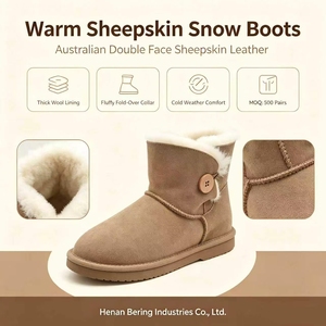 Bottes d'hiver australiennes en peau de mouton double face avec doublure en laine douce et bouton décoratif latéral en bois, bottes courtes de neige - Product Image 2