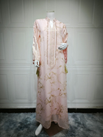 Robe longue Abaya Kaftan pour femmes musulmanes, en polyester, avec broderie florale, décorations à pompons, manches évasées, col en V, pour adultes.
