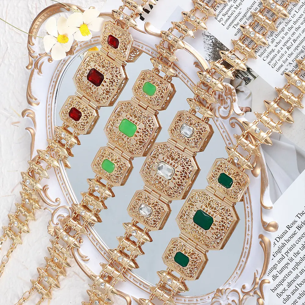 Moroccan Gold-tone Belt for Arab Women's Caftan, bridal jewelry Waist Chains with Rhinestone Adjustable Length Belly Chain