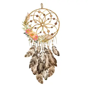 Ethnic Style Dream Catcher Feather Wall Sticker Dream Catcher Brown Gray Feather Decals Living Room Decorative Wallpaper