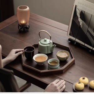 Solid Wood Octagonal <b>Tea</b> <b>Tray</b> Walnut Color Serving Platter For Coffee <b>Tea</b> Fruit Snack Household Use - Product Image 4