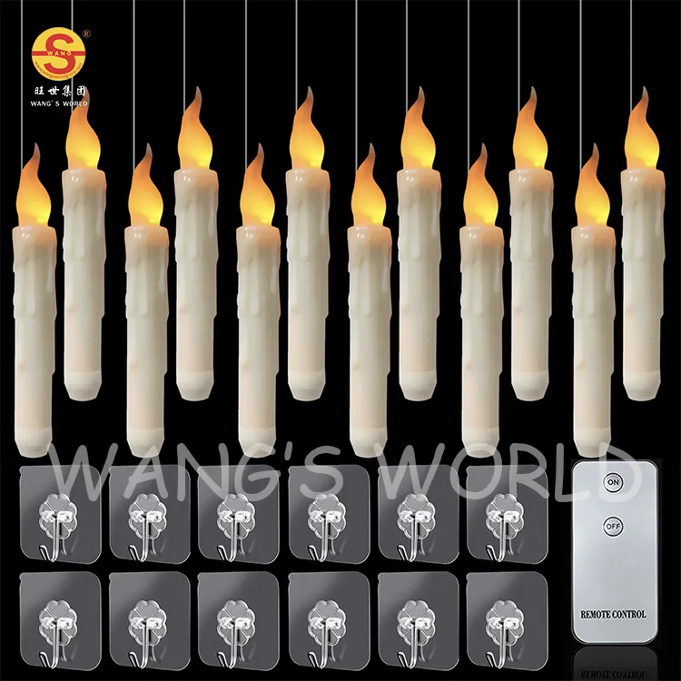 Set of 12 Floating Candles Hanging Battery Operated Ivory Flameless Taper Candles With Remote