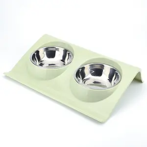 New Arrival Wholesale Plastic Stainless Steel Feeder Pet Suppliers Drinking Eating Food 2 in 1 Pet Cat Dog Bowls