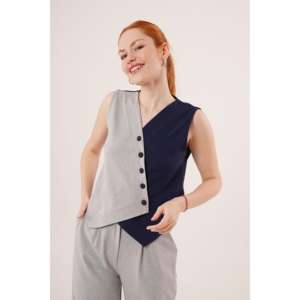 Gilet pour femme bleu marine en gros, motif croisé, bouton brodé, style extérieur, longueur longue, veste sans manches, tissu tissé, coton tricoté - Product Image 3