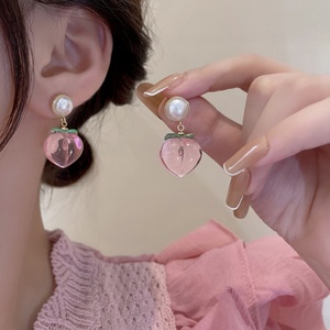 Sweet <b>Cute</b> 3D Pink Peach Gold Plated Alloy Stud <b>Earrings</b> Imitation Pearl Fashion Light Luxury Summer Party Women Girls Wholesale - Product Image 2