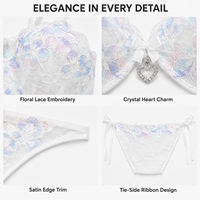Set Lingerie Bra Renda Putih dan Thong Ikat Samping Bordir Bunga Mesh Cup Kawat dengan Tepi Bergelombang Pakaian Dalam Wanita