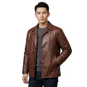 Gabardina de Cuero Genuino para Hombre, Impermeable, con Solapa con Muescas, Cierre de un Solo Botón, Largo Regular, Color Marrón, Tejido de Punto - Product Image 3