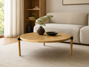 Round Wood <b>Coffee</b> <b>Table</b> Modern Living Room Center <b>Table</b> with Natural Grain and Black Accent <b>Legs</b> - Product Image 1