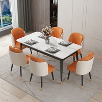 Ensemble de table à manger en pierre frittée effet marbre, rectangulaire, 6 places, chaises tubulaires, pieds en bois effilés, meubles de salle à manger pour la maison