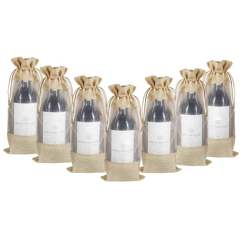 Wedding Table Decor Wine Drawstring Gift Bags 750ml Burlap Wine Bottle Covers Durable Natural Jute Wine Bags with Organza Window