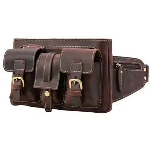 Tiding Vintage Sport Running Belt Bum Bag Adjustable Crazy Horse Cow Leather Waist Bag For Men Fanny Pack