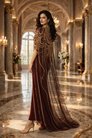 Robe de soirée de luxe élégante à col haut, ornée de perles et de cristaux, longue robe de soirée en dentelle, robe traditionnelle musulmane Jalabiya Abaya