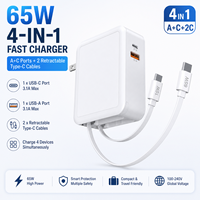 Chargeur rapide GaN HNT 65W avec double câble USB C rétractable, adaptateur mural portable pour ordinateur portable, chargeur rapide PD pour iPhone iPad