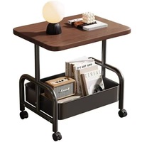 Table basse moderne amovible à double plateau avec plateau en bois massif et roulettes en métal pour salon et chambre à coucher