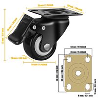 Lot de 4 roulettes robustes en acier et polyuréthane de 2 pouces, 2 fixes et 2 pivotantes avec frein, entièrement noires, pour meubles, sans traces