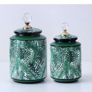 Frascos de almacenamiento de cerámica con textura de hoja verde con tapas, cubierta de cristal, tarro, Caddy de té, decoración de escritorio, jarrón de porcelana, <span class=keywords><strong>arreglo</strong></span> floral - Product Image 3
