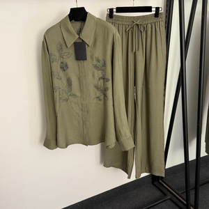 Ensemble décontracté en lin pour <span class=keywords><strong>femme</strong></span> : Chemise à manches longues ornée de perles et de fleurs + <span class=keywords><strong>Pantalon</strong></span> large à <span class=keywords><strong>taille</strong></span> élastique - Product Image 1