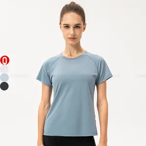 Nem esneklik büyük boy damla omuz Crewneck Tee kadınlar Top gevşek rahat örgü kumaş nefes spor Fitness egzersiz T Shirt