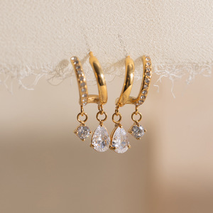 Drop Earrings Gold Plated Zircon Water Drop Shape Party Jewelry Stainless Steel Ear <b>Posts</b> Claw Setting Geometric Design - Product Image 4