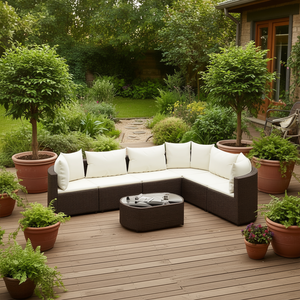 Set di divani da giardino in polyrattan marrone, 7 pezzi con cuscini, mobili da esterno in stile contemporaneo - Product Image 2