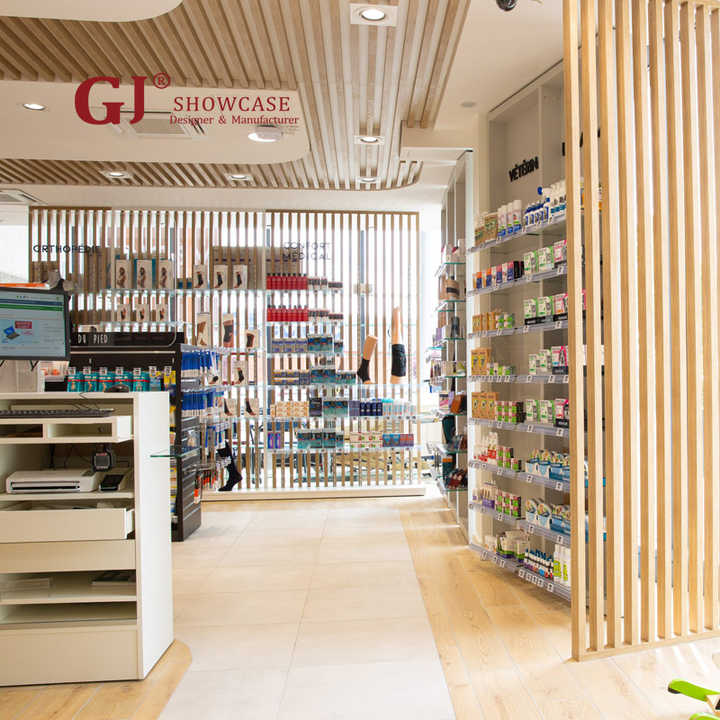 Wooden Pharmacy Counter Display Gondola Rack Interior Design for ...
