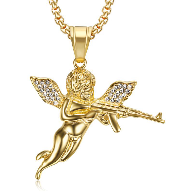 Hiphop Angel Of Wraak Punk Gun Rock Rapper Iced Out Kubische Zirkonia Rvs Mode Sieraden Hanger Ketting Voor Mannen