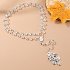 Catholic 8mm Frosted Beads Cross <b>Rosary</b> <b>Necklace</b> Pardon Forgiveness Baptism Communion Gift Religious Buddhism Alloy Diamond - Product Image 4