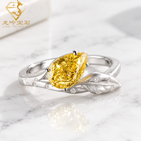 Bague de fiançailles en diamant certifié IGI, diamant fantaisie jaune taille poire cultivé en laboratoire, bande en argent S925 motif feuille, cadeau d'anniversaire pour elle