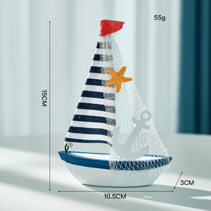 Modèle de voilier en bois de style méditerranéen 15 cm, ornement décoratif pour la maison avec coquillages et étoiles de mer pour décoration intérieure - Product Image 2