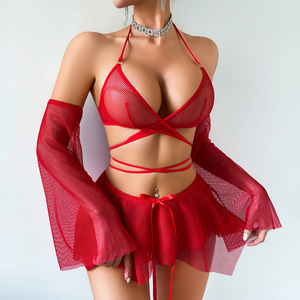 Set di Lingerie Rossa in Rete per Donna con Etichetta Privata Personalizzata, Reggiseno Halter, Top Corto Avvolgente, Minigonna e Set con Maniche, Basso MOQ - Product Image 4